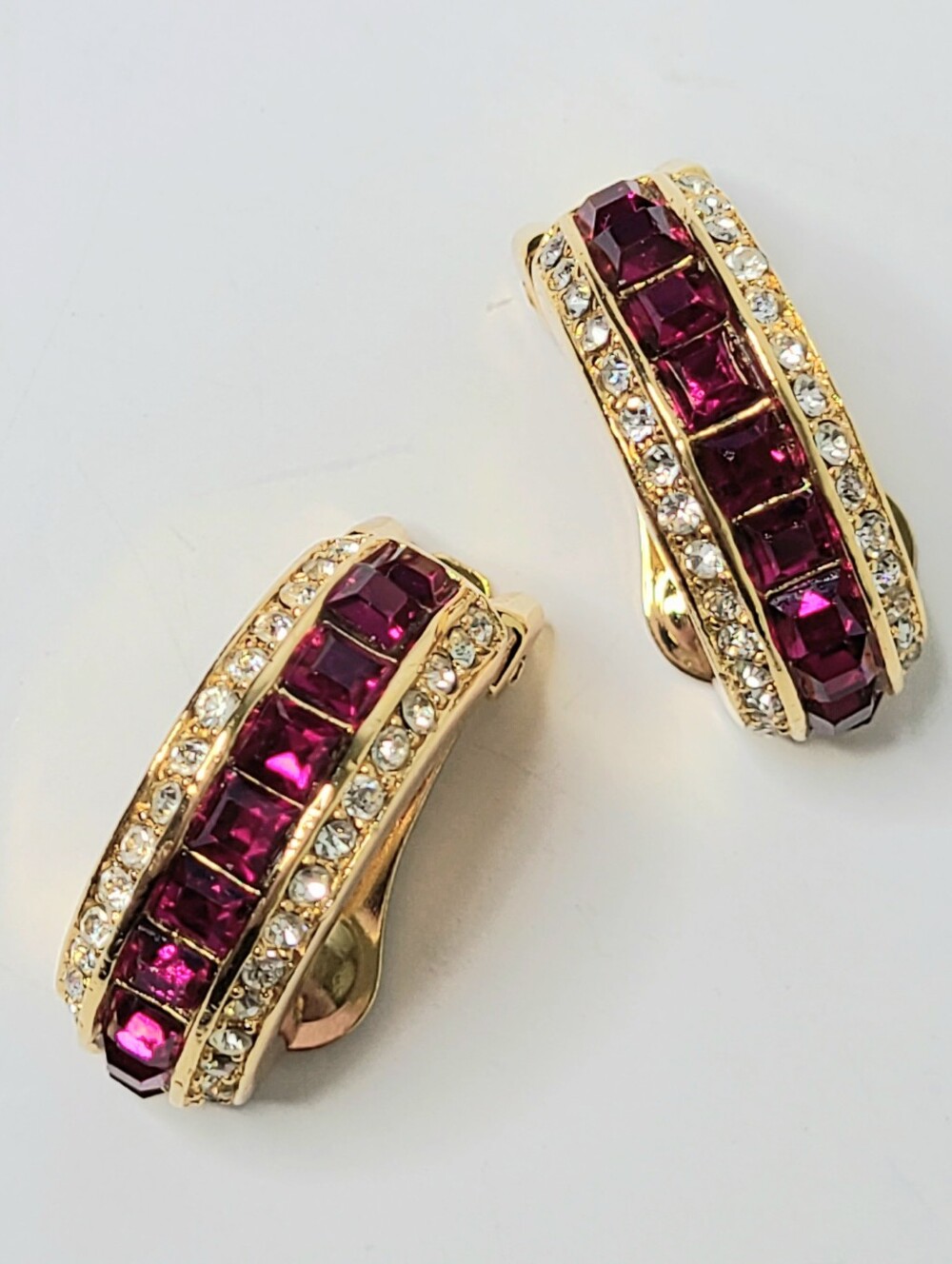 Christian Dior Magenta Pink Clear Rhinestone Vintage Clip-On Earrings